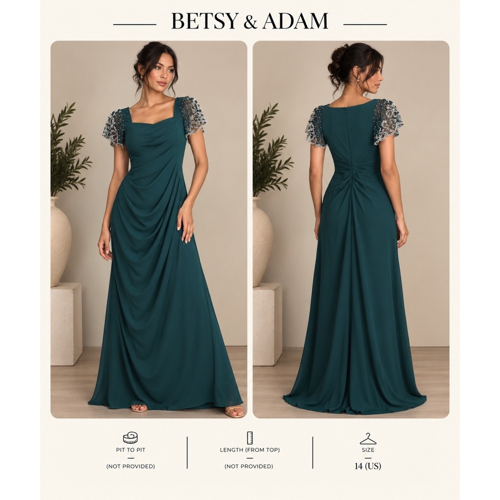 Betsy & Adam Hunter Green Beaded Flutter Sleeve Ruched Gown Dress Size 14